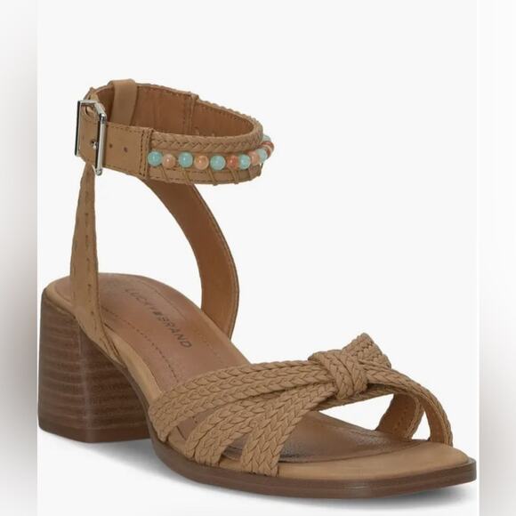 LUCKY BRAND $109 Tan 6.5 7.5 NEW Jathan Braided‎ Leather Bead Detail Sandals - Picture 1 of 16